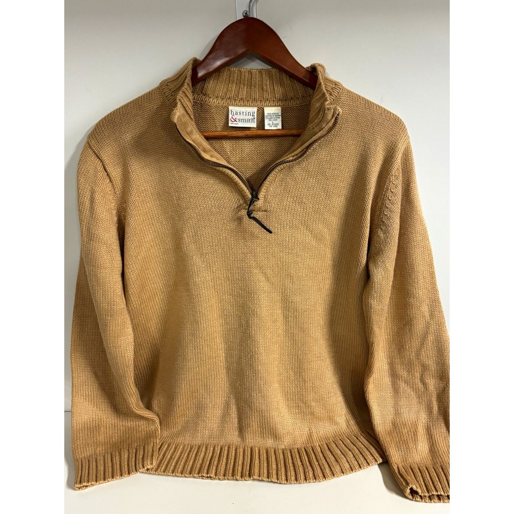 Vintage Hasting & Smith Womens Sweater Tan Ribbed Knit 1/4 Zip Pullover L